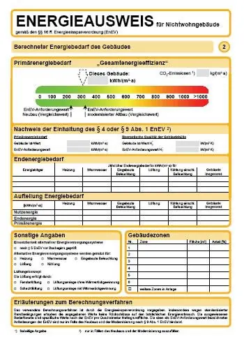 Beispiel eines Energieausweises mit Effizienzklassen-Skala